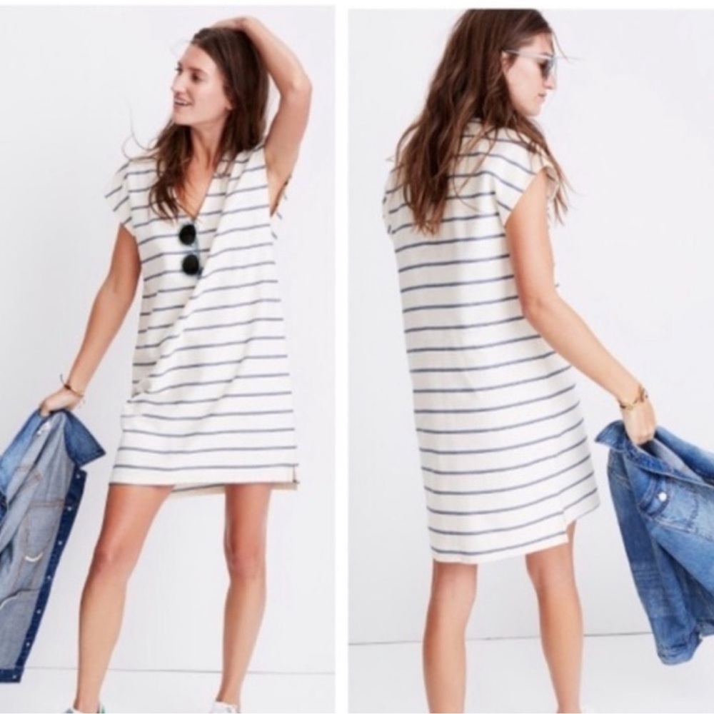 Madewell Blue and White Striped‎ V Neck T Shirt Boxy Mini Dress XS